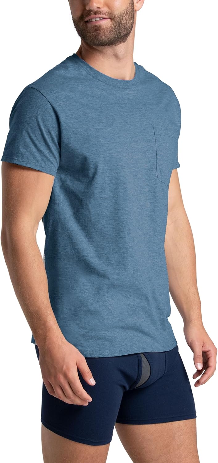 3XL Fruit of The Loom Mens Pocket Tee Undershirts, Moisture Wicking & Tag Free, Short Sleeve Pocket T-Shirts