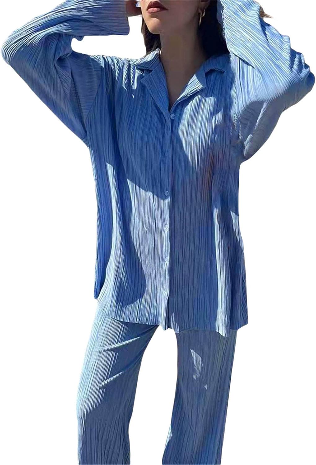 Fuguibadn Women 2 Piece Lounge Outfit Casual Long Sleeve Button Down Shirt Flared Pleated Wide Leg Pants Set Streetwear.