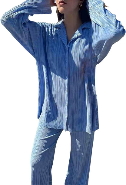 Fuguibadn Women 2 Piece Lounge Outfit Casual Long Sleeve Button Down Shirt Flared Pleated Wide Leg Pants Set Streetwear.