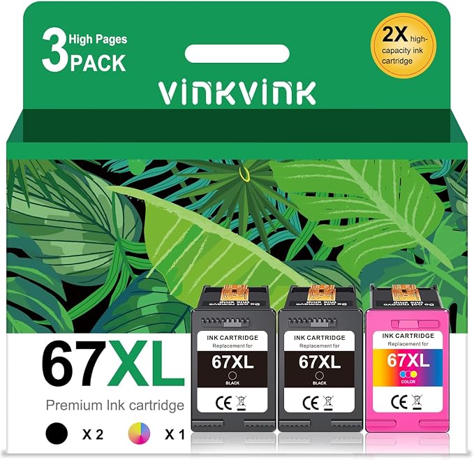 3 Pack 67XL Ink Cartridge Combo Pack Replacement for HP 67 67XXL Work for DeskJet 2755 2725 2723 2722 1255 DeskJet Plus 4152 4155 Envy Pro 6458 6455 6052 Printer?2 Black?1 Color )