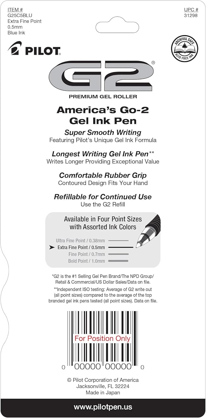Pilot, G2 Premium Gel Roller Pens, Extra Fine Point 0.5 mm, Pack of 5, Blue