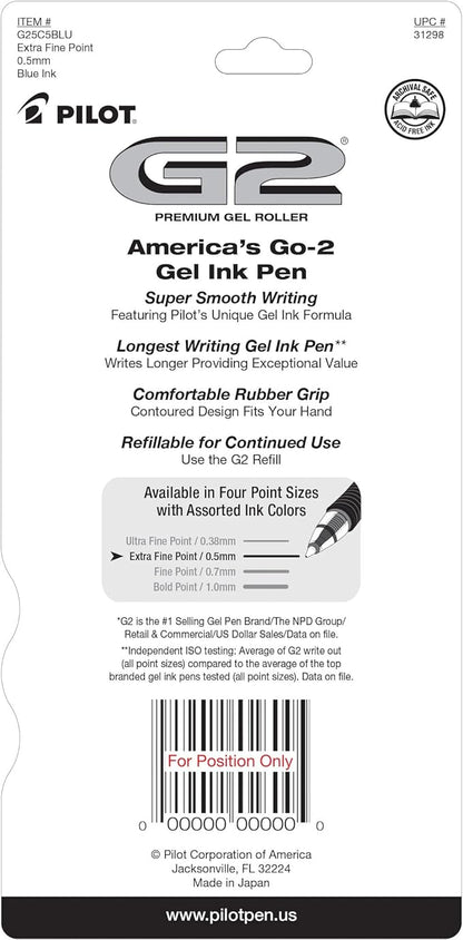Pilot, G2 Premium Gel Roller Pens, Extra Fine Point 0.5 mm, Pack of 5, Blue