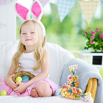 Chuangdi 100 Pack Easter Treat Bags Bunny Candy Cellophane Bag Easter Egg Goodie Cooikes Gift for Party Favor Supplies(Rabbit Style)