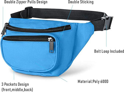 Fanny Pack, MISSMOON 3-Zipper Compartments Adjustable Waist Festival Workout Running Hiking Traveling Walking Sport Fishing Casual Hands-Free Wallets Crossbody Waist Pack Bag For Men Women Neon Blue