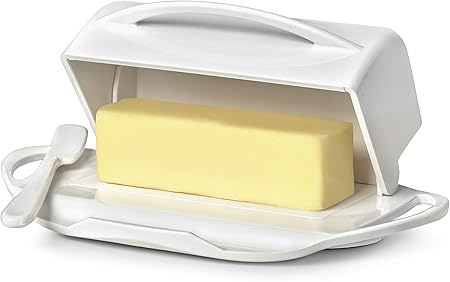 Butterie Flip-Top Butter Dish with Lid  Matching Knife, Holds 2 SticksKerrygold Butter, No-Mess Butter Holder, Shatterproof, Dishwasher Safe, White