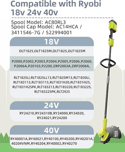 Weed Wacker String Compatible with Ryobi One Plus AC80RL3, 0.08'' String Trimmer Line,Weed Eater String Compatible with Ryobi 18V, 24V, 40V Trimmers(10 Replacement Spool, 2 Trimmer Cap Cover)