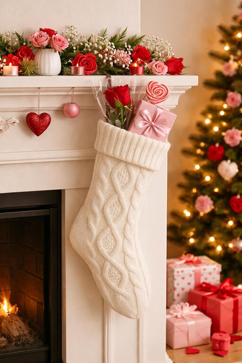 Cozy Holiday Cable Knit Stocking, White Chunky Knit, 12 x 4 Inches, Foldable Cuff Design, Traditional Winter Holiday Mantel Decor Valentines Day Christmas