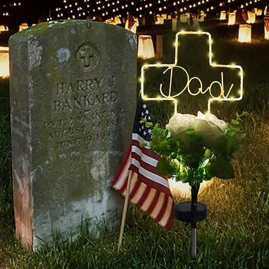 Lmtocs New Version Solar Cross Light for Cemetery Dad, 2 Modes with Rose Flower for Dad Grave Decorations, Waterproof Outdoor Light for Christmas Father Day Memorial Day Grave Decor