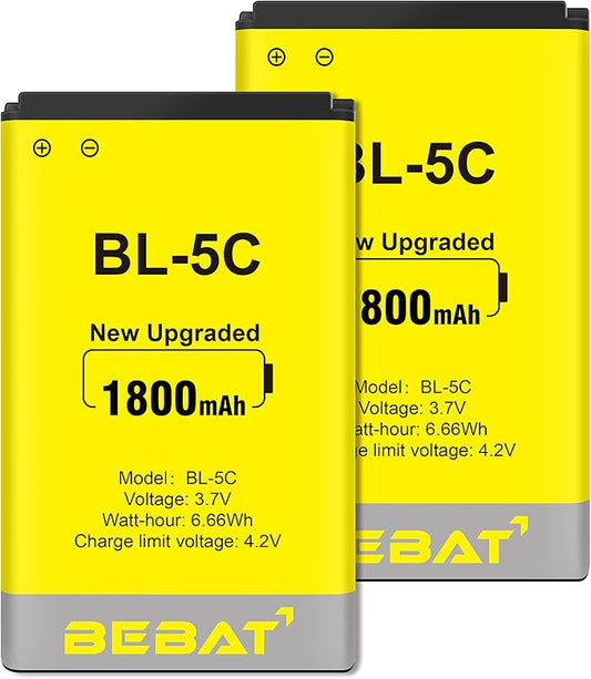 (2 Pcs) BL-5C Battery, 3.7V 1800mAh Rechargeable BL-5C Battery Suitable for Household Radio, Nokia with Current Protection