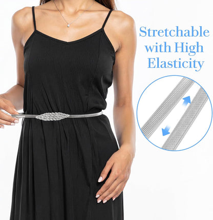 Rhinestone Belt for Formal Dress Silver Elastic Adjustable Thin Metal Belts, Skinny Ladies Belt for Women Dresses Wedding Party Formal Occasions(29–33 Inches)