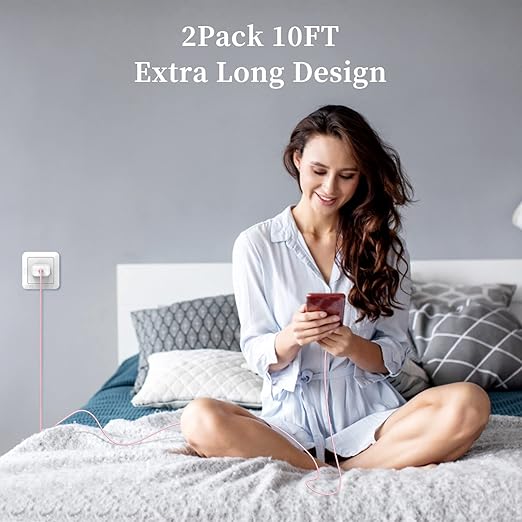USB C to Lightning Cable, 2Pack 10FT 20W ãMFi Certifiedã‘ Extra Long iPhone Fast Charger Cable Power Charging Cord for iPhone 14/13/12/Pro/Pro Max/Mini/11/Pro Max/XS/MAX/XR/X/ 8/8Plus, Pink