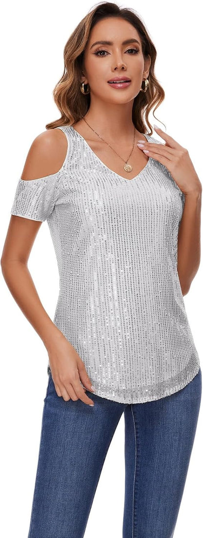 BILIKE JOMEX Womens Sparkly Sequin Top V Neck Cold Shoulder Glitter Short Sleeve Dressy Party Blouse Shirts.