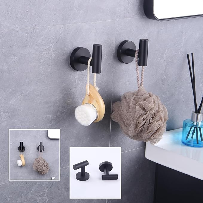GERZWY Bathroom Matte Black Coat Hook SUS 304 Stainless Steel Single TowelRobe Clothes Hook for Bath Kitchen Contemporary Hotel Style Wall Mounted 2 Pack AG1107B-BK
