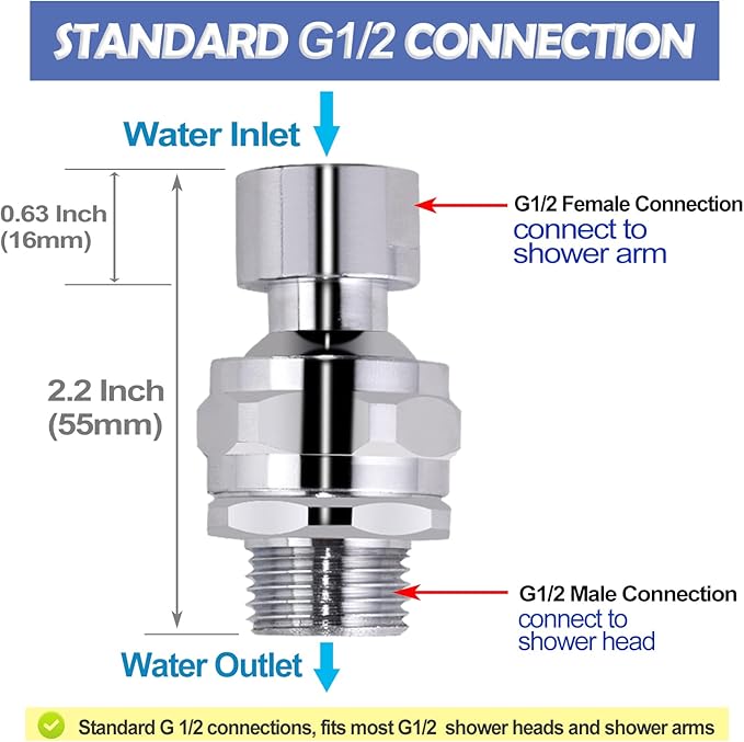 Shower Head Swivel Ball Adapter Brass Adjustable Shower Arm Connector Universal Showering Component Shower Arm Extension, Polished Chrome