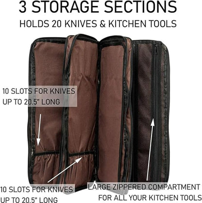 EVERPRIDE Chef Knife Bag Holds 20 Knives PLUS Large Zippered Compartment for Kitchen Tools Durable, Large Knife Bag for Chefs Professional Grade and makes a great gift!
