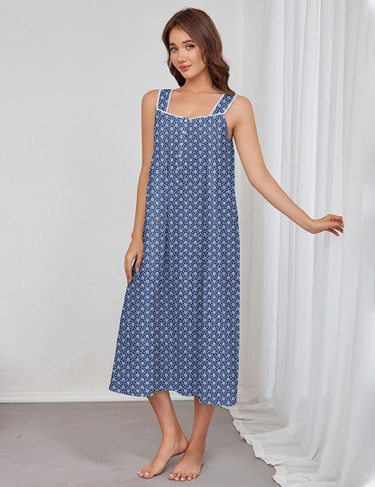 MZROCR Women's 100% Cotton Nightgown Sleeveless Night Gown with Square Neck & Buttons, A-Line Woven Night Dress for Women