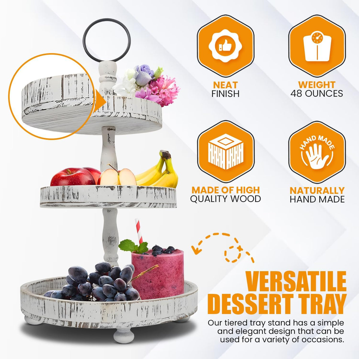 Adjustable 3 Tiered Tray Stand with Interchangeable Handles, White Farmhouse Tiered Tray Decorative Trays – 3 Tier Cupcake Stand - 3 Serving Tiered Decor for Cologne