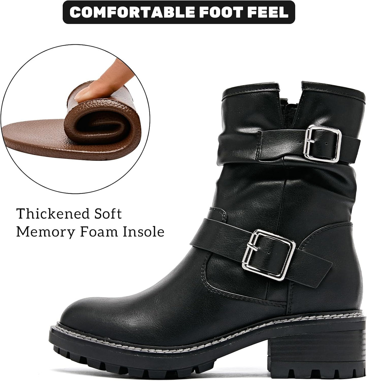 Ruiee Ankle Boots for Women Combat Boots Low Heel Short Booties Round Toe Side Zipper Womens Boots.