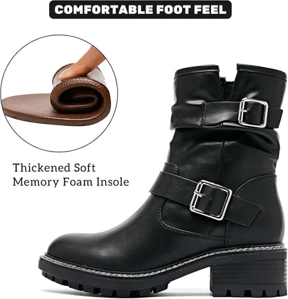 Ruiee Ankle Boots for Women Combat Boots Low Heel Short Booties Round Toe Side Zipper Womens Boots.