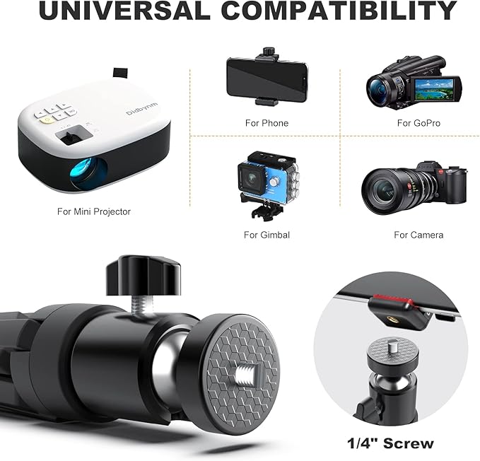 Mini Projector Tripod, Didbynm 6.3 Inch Compact Desktop Tripod Stand Universal 14 Screw Ballhead Pocket Tripods Stand for Mini ProjectorCameras Smooth 4, Osmo Mobile, Vimble 2