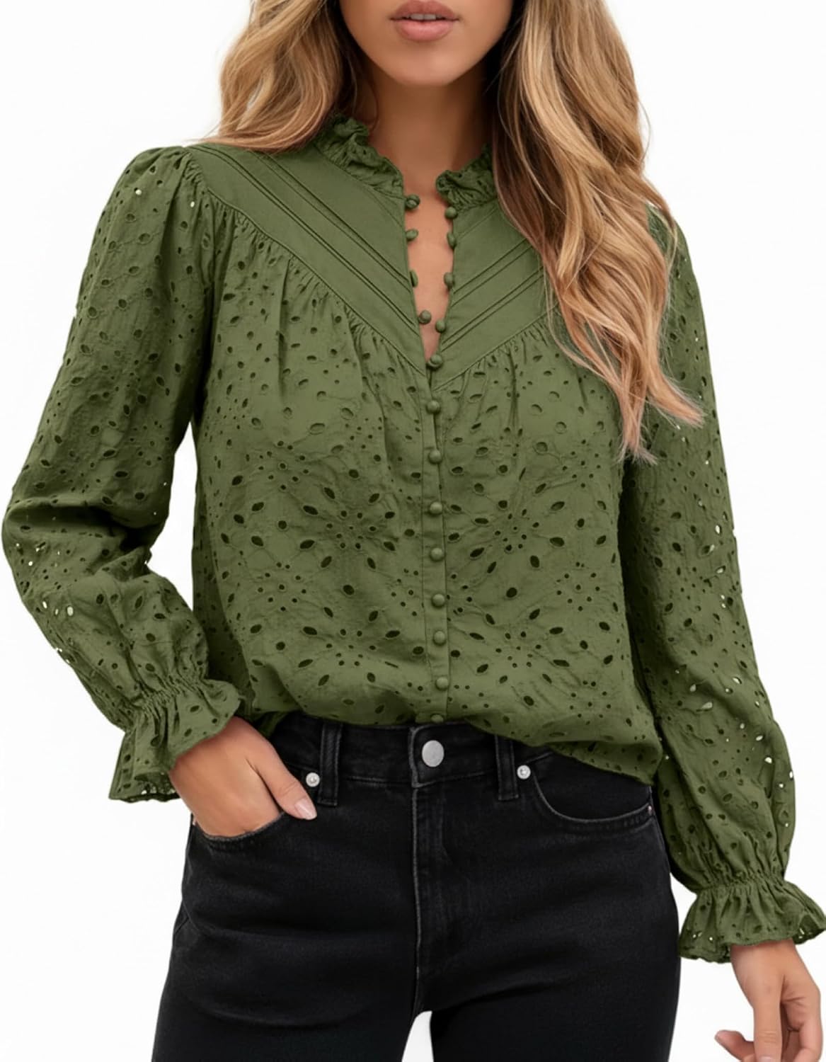 Women's Long Sleeve Eyelet Tops Dressy Cotton Button Shirts v Neck Lace Floral Embroidered Peplum Blouses