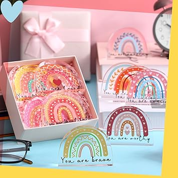 10 Pcs Rainbow Acrylic Gifts Bulk Inspirational Quotes Rainbow Acrylic Paperweight Keepsake Gifts for Women Teacher Friend Birthday Mother's Day Gifts Office Desk Decors