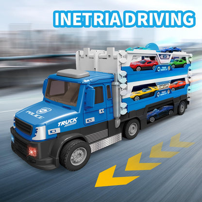 DOWELLIN 6 in 1 Transport Truck Toys for Kids, Police Trucks Carrier Cars with 6Pcs Metal Race Car with Light&Sounds, Toddler Vehicles Toys Gifts for Boys Girls Age 3 4 5 6 7 8-Blue
