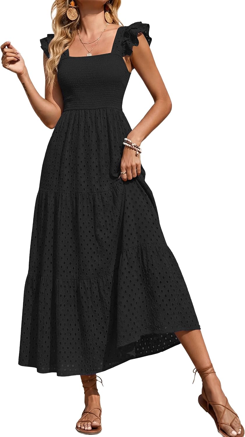 Womens Summer Square Neck Maxi Dresses Cap Sleeve Eyelet Smocked Tiered A Line Flowy Long Dress with Pockets