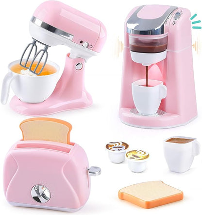Kitchen Appliances Toys Playset Accessories for Toddlers Ages 3+, Pink | Toy Coffee Maker for Kids, Pretend Play Kitchen Set with Mixer & Toaster, Realistic Lights & Sounds, Ages 3+