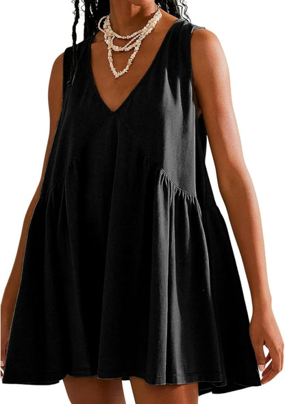OPCAKM Women's V Neck Sleeveless Mini Dress Loose Summer Pleated Swing Flowy Sundress