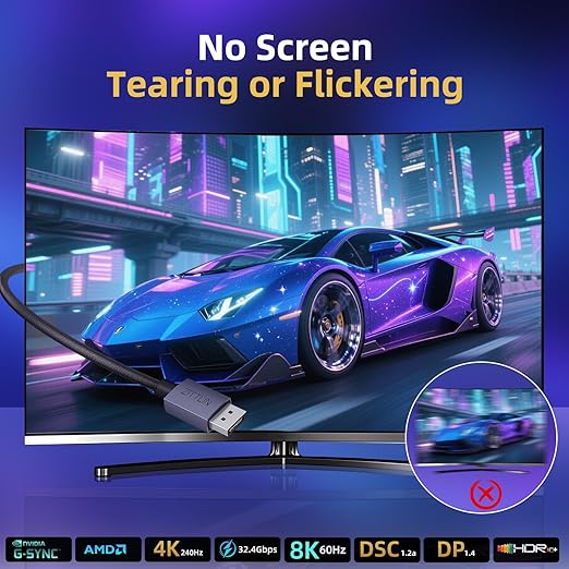 8K DisplayPort Cable 1.4, 3.3 FT DP Cable (VESA Certified, 8K60Hz, 4K60Hz120Hz240Hz, 2K120Hz165Hz240Hz), 32.4Gbps High Refresh Rate for Gaming MonitorHDRHDCPFreeSyncG-Sync