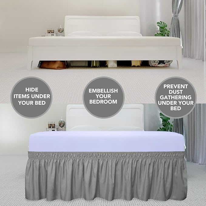 PureFit Wrap Around Ruffled Bed Skirt with Adjustable Elastic Belt - 18 Inch Drop Easy to Put On, Wrinkle Free Bedskirt Dust Ruffles, Bed Frame Cover for Queen, King and C-King Size Beds, Gray