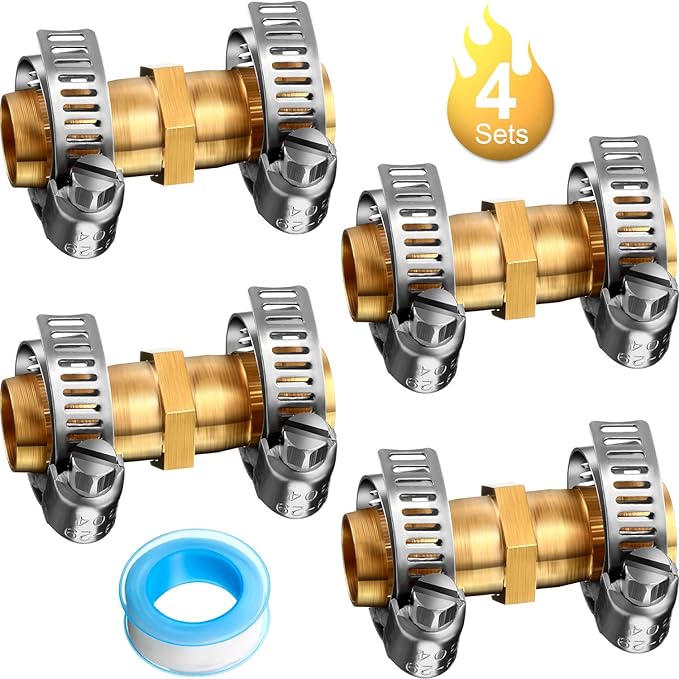 4 Pieces 34 Inch Garden Hose Repair Mender Solid Brass Water Hose Connector Splicer Mender with 8 Pieces Stainless Steel Tightening Clamp and Seal Tape