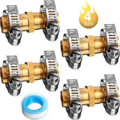 4 Pieces 34 Inch Garden Hose Repair Mender Solid Brass Water Hose Connector Splicer Mender with 8 Pieces Stainless Steel Tightening Clamp and Seal Tape