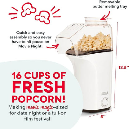 DASH Hot Air Popcorn Popper Maker with Measuring Cup to Portion Popping Corn Kernels  Melt Butter, 16 Cups - White