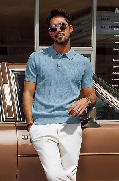 PJPAUL JONES Mens Polo Shirts Short Sleeve Textured Knit Polo Shirt Ribbed Casual Golf Shirts