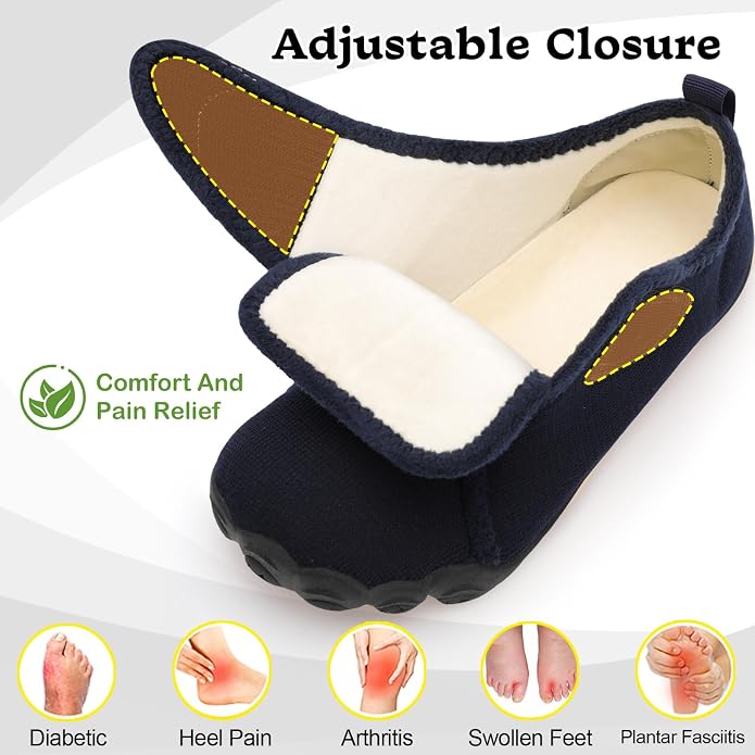 relxfeet Men's Diabetic Slippers Wide Width Adjustable Fit | Soft Upper, Cozy Lining, Removable Insole, Non-Slip Rubber Sole, Indoor Outdoor House Shoes for Neuropathy and Swollen Feet