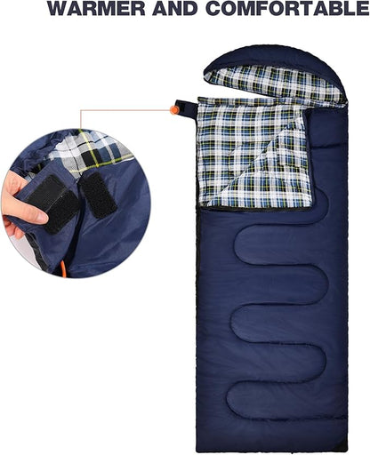REDCAMP Flannel Sleeping Bag for Adults, Comfortable Cotton Sleeping Bags for Camping with Detachable Hood, RedGreyBlue