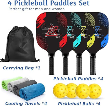Pickleball Paddles, Pickleball Set with 4 Premium Wood Pickleball Paddles, 4 Cooling Towels, 4 Pickleball Balls & Carry Bag, Pickleball Paddle with Cushion Comfort Grip, Gifts for Men Women