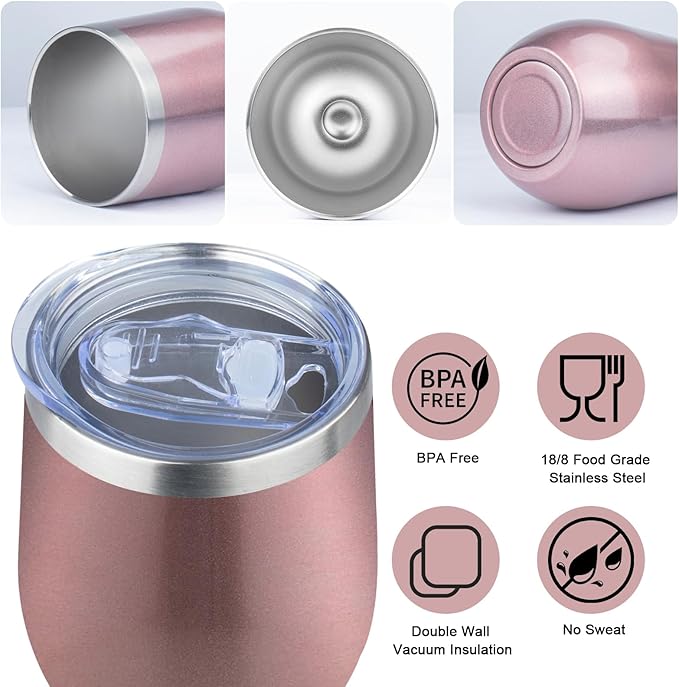 MEZMUT 12 Oz Insulated Wine Tumbler with Lid Double Wall Vacuum Stainless Steel Wine Glass Coffee Mug Insulated Tumbler Cup for Champaign, Cocktail, Beer (Rose Gold, 1 Pack)