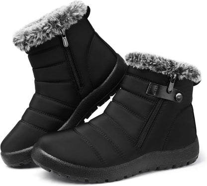SHIBEVER Women Winter Snow Boots: Black Waterproof Walking Booties Non Slip Fur Lined Warm Outdoor Ankle Short Boot