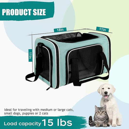 Cat, Dog Carrier for Small Medium Pet Carriers Up to15Lbs, Cat Carrier Soft- Sided Puppy Cat Bag Portable Foldable Airline Approved Carrier Travel (Green 18  11  11)