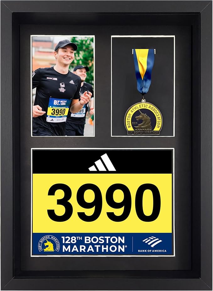 3-in-1 Shadow Box Display with Real Glass (Medal, Race Bibs, and Photo Display) – Marathon Medal Display and Frame, Triathlon & Running Bib Holder, Wall-Mounted, Real Tempered Glass - Black
