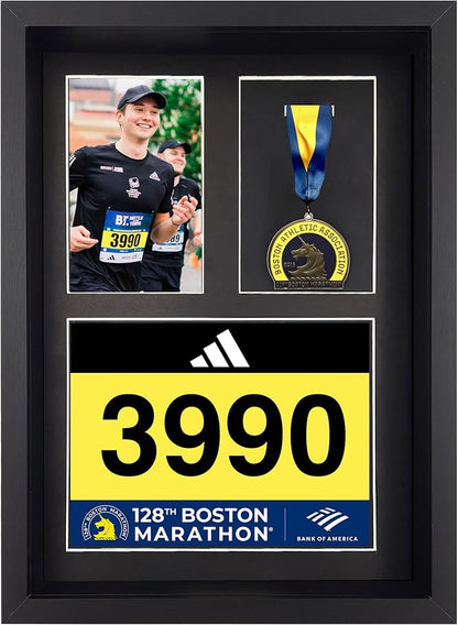 3-in-1 Shadow Box Display with Real Glass (Medal, Race Bibs, and Photo Display) – Marathon Medal Display and Frame, Triathlon & Running Bib Holder, Wall-Mounted, Real Tempered Glass - Black