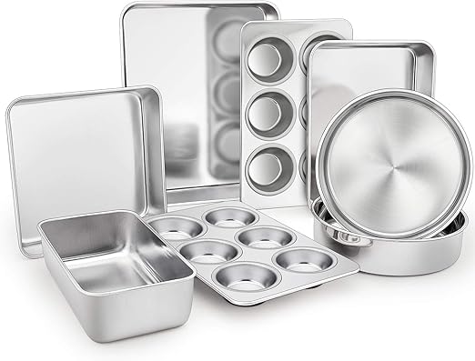 TeamFar Stainless Steel Bakeware Set of 8, Baking Roasting Toaster Oven Pans, Lasagna/Square/Round Cake Pan, Loaf Pan & Muffin Pan, Non-Toxic & Sturdy, Smooth & Dishwasher Safe