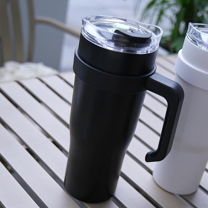 40oz Tumbler with Handle and Straw Lid, Vacuum Insulated Water Bottle for Home, Office or Car, Double Wall Vacuum Leak Proof Ice Coffee Thermal Cup (Black-005)