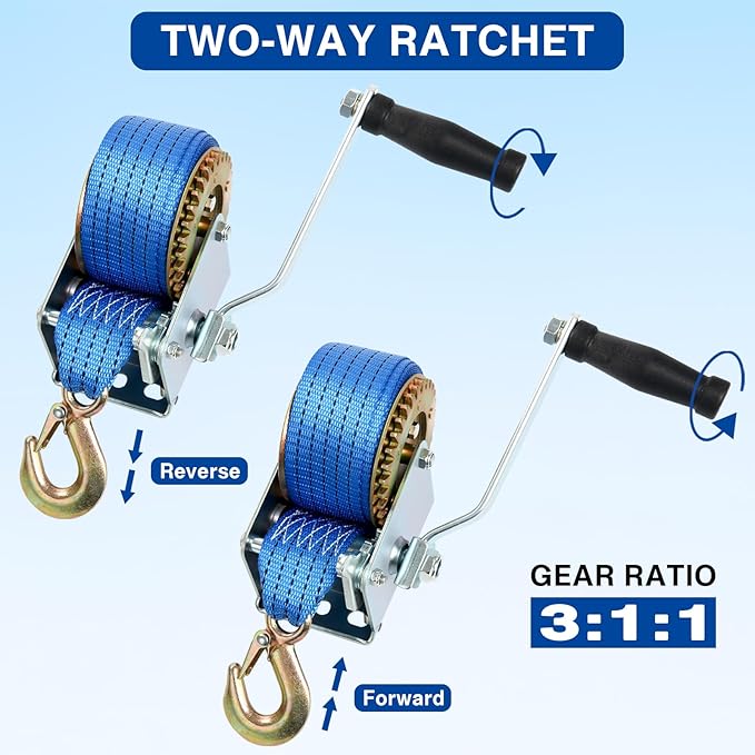 8milelake 1000lbs Hand Winch Hand Crank Strap Gear Winch Polyester Strap ATV Boat Trailer Heavy Duty