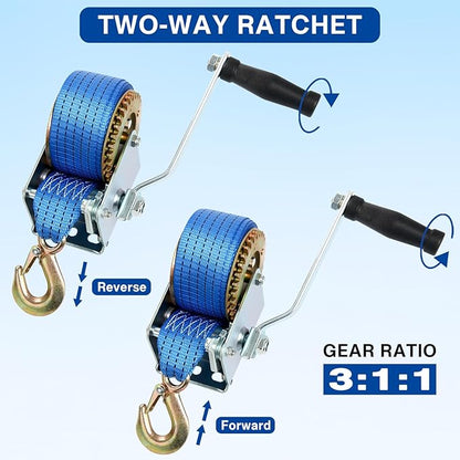 8milelake 1000lbs Hand Winch Hand Crank Strap Gear Winch Polyester Strap ATV Boat Trailer Heavy Duty
