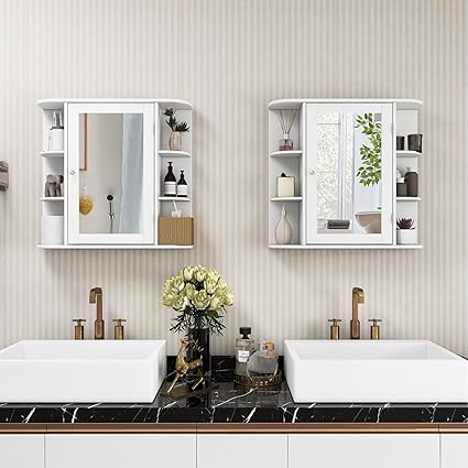 ARLIME Bathroom Mirror Cabinet, Wall Mounted Medicine Cabinet, Single Door Storage Organizer with 4 Internal Shelves and 6 Open Racks, Space Saver Wooden Hanging Cabinet, White