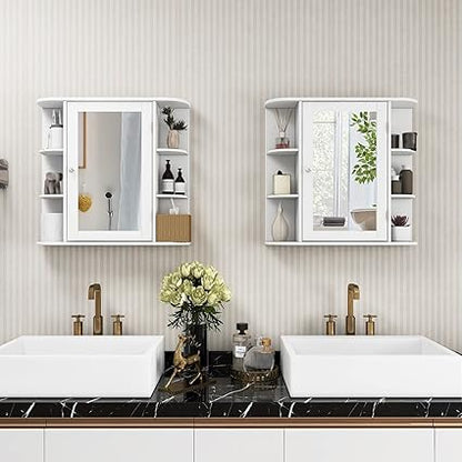 ARLIME Bathroom Mirror Cabinet, Wall Mounted Medicine Cabinet, Single Door Storage Organizer with 4 Internal Shelves and 6 Open Racks, Space Saver Wooden Hanging Cabinet, White